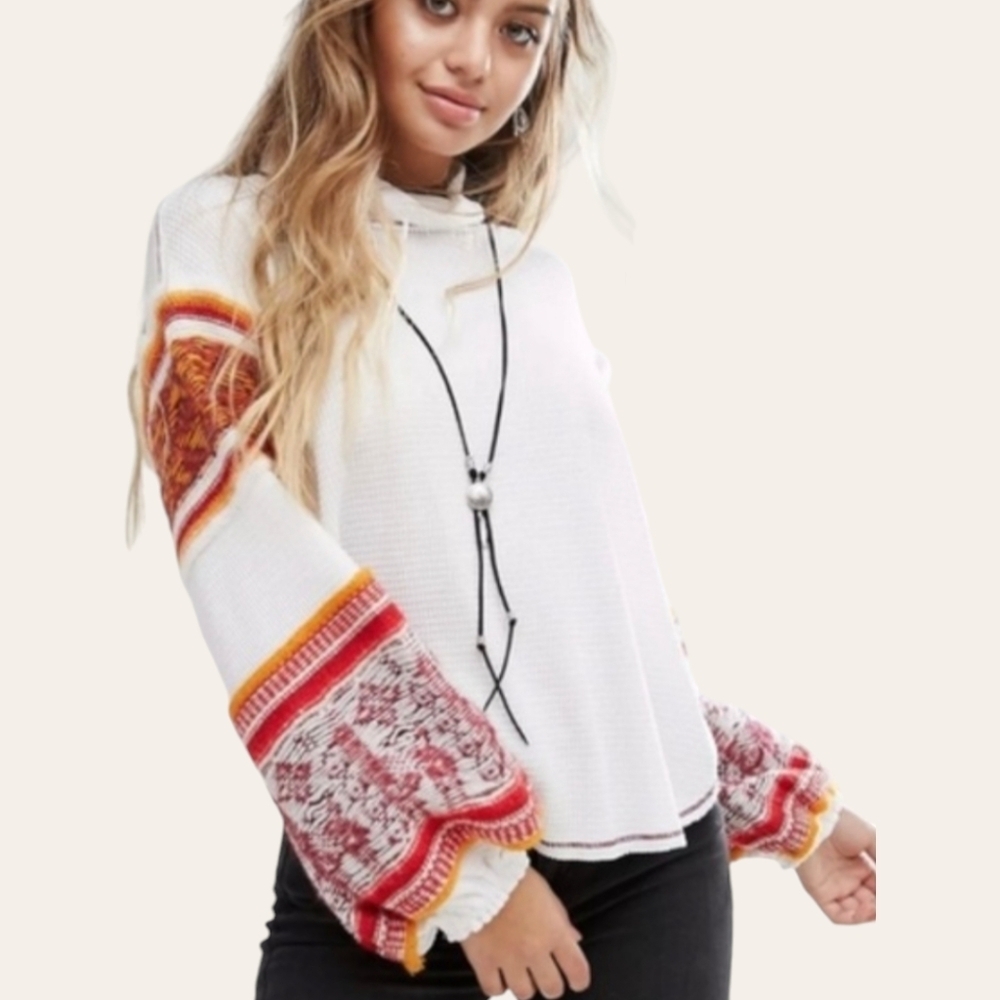 Free People Oversized Waffle Mock Northern Lights Sweater Mock Neck Tunic Sz XS